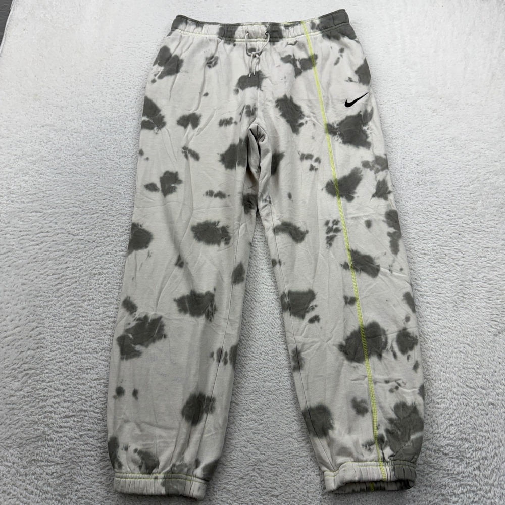 Nike Womens Tie Dye Fleece Joggers Grey White Neon Yellow Swoosh Sweatpants M